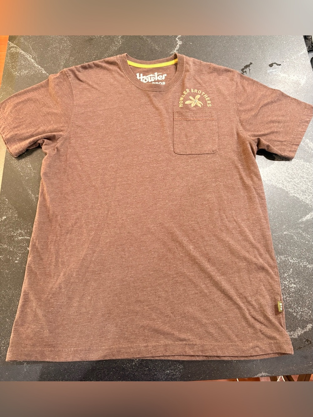 Howler Brothers Chest Pocket Tee in Brown with Yellow Logo